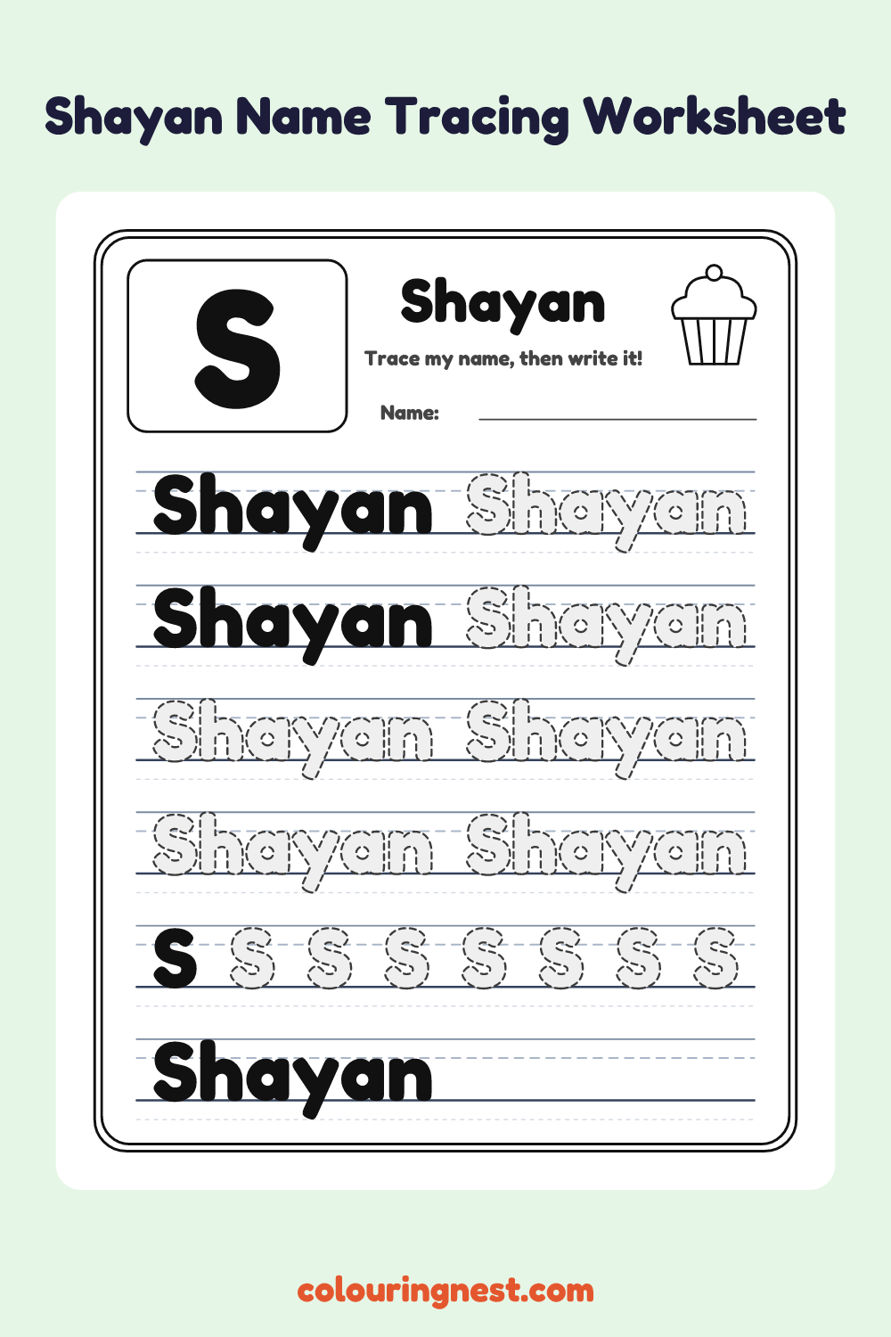 Shayan Name Tracing Worksheet: free printable black-and-white line art