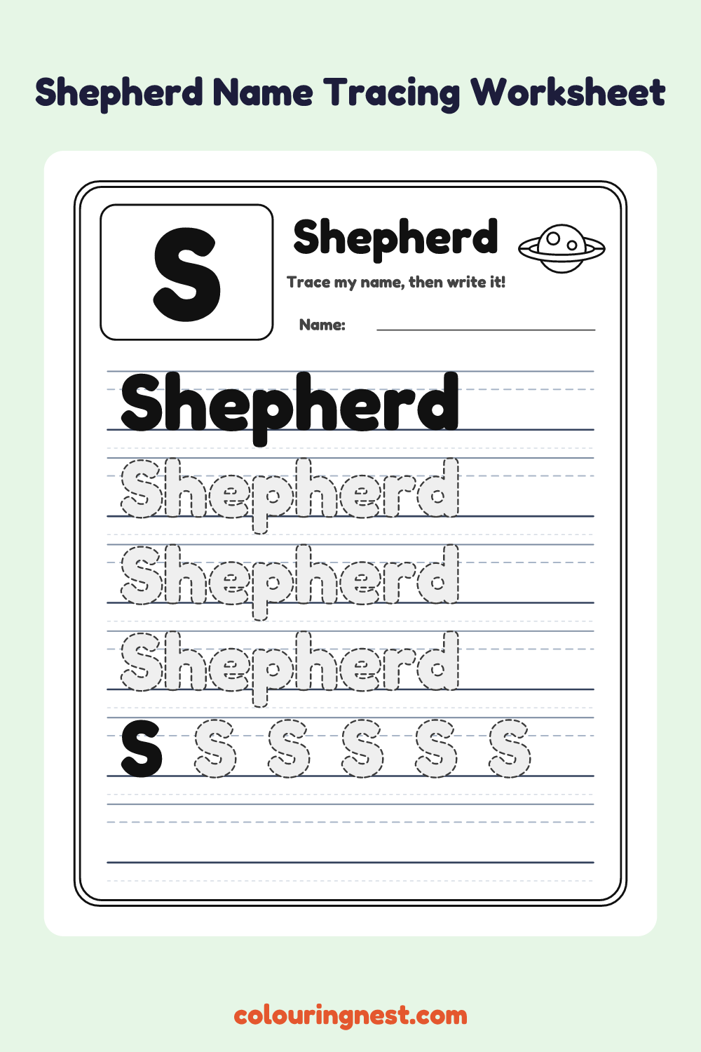 Shepherd Name Tracing Worksheet: free printable black-and-white line art