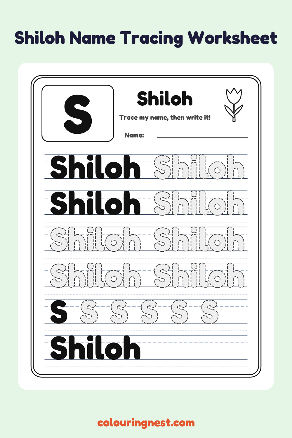 Shiloh Name Tracing Worksheet: free printable black-and-white line art