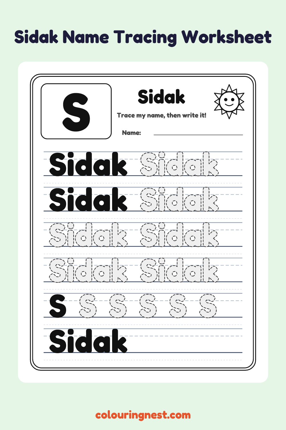 Sidak Name Tracing Worksheet: free printable black-and-white line art