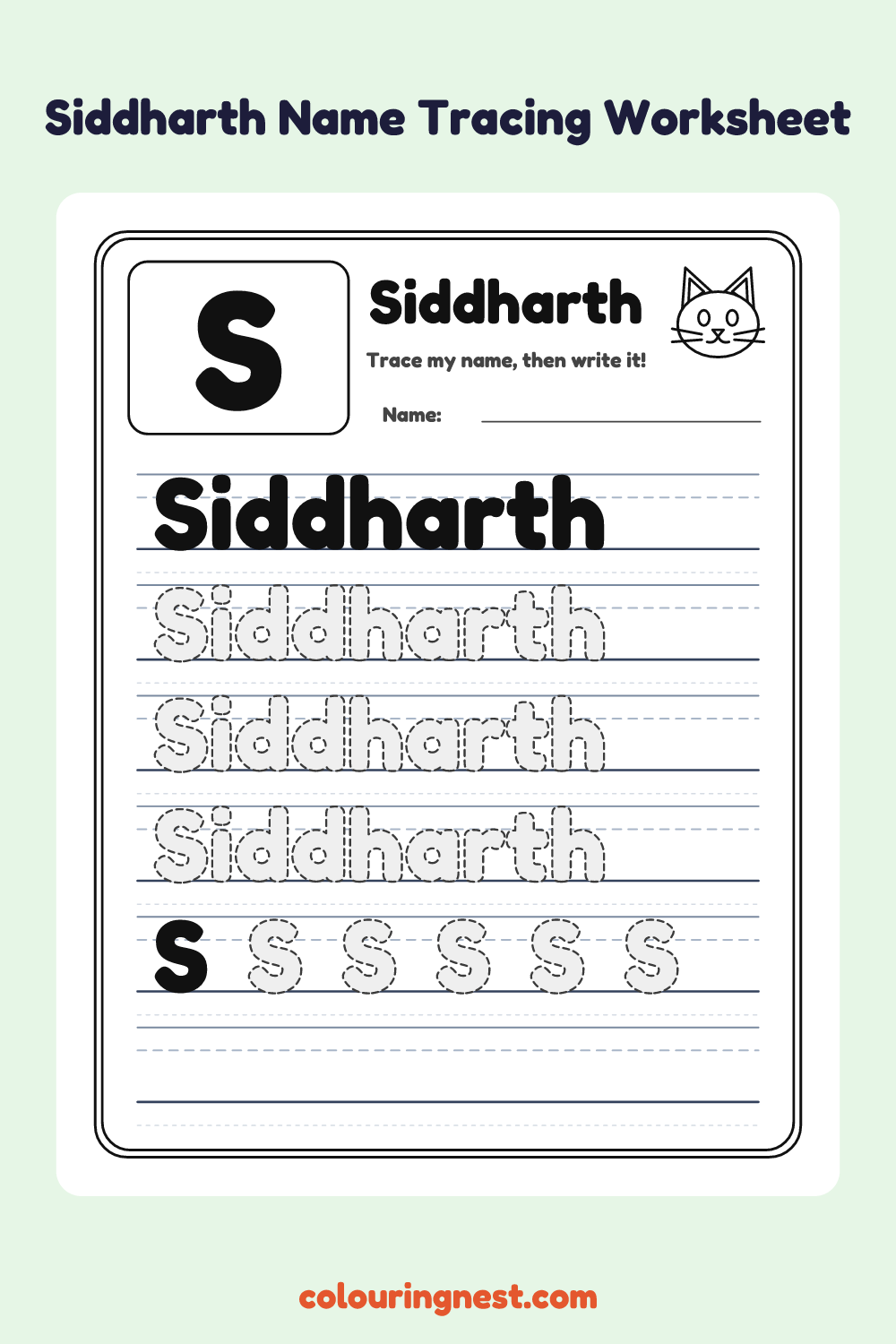Siddharth Name Tracing Worksheet: free printable black-and-white line art