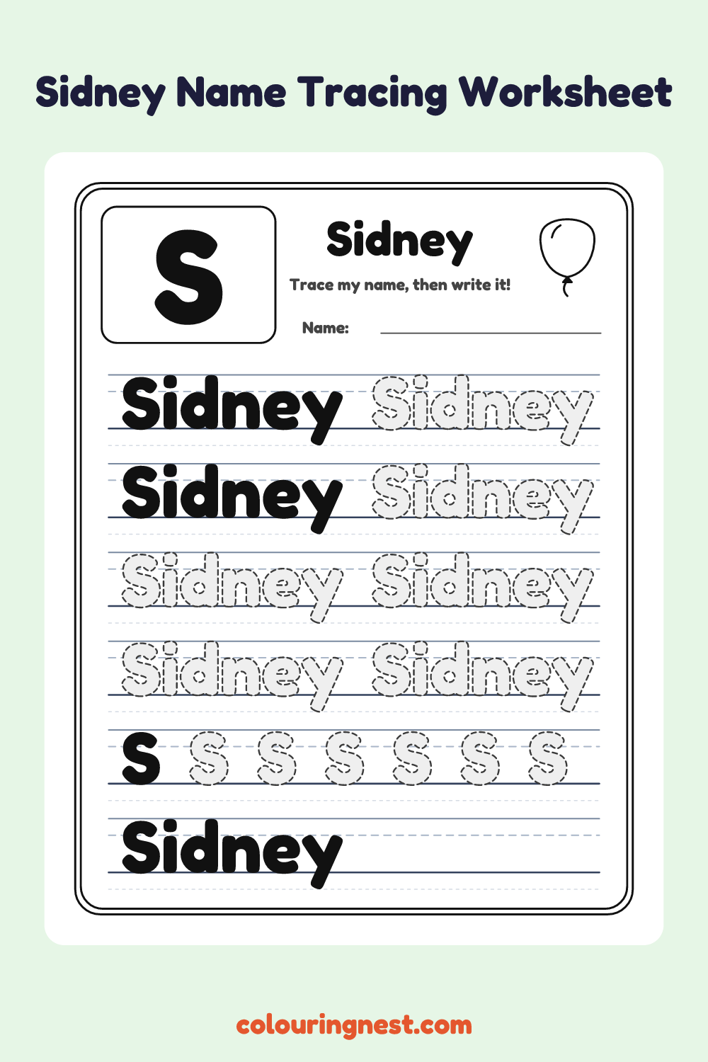 Sidney Name Tracing Worksheet: free printable black-and-white line art