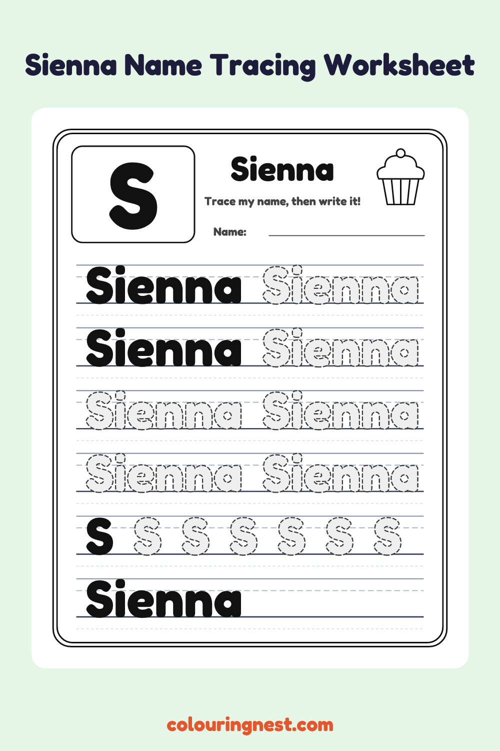 Sienna Name Tracing Worksheet: free printable black-and-white line art