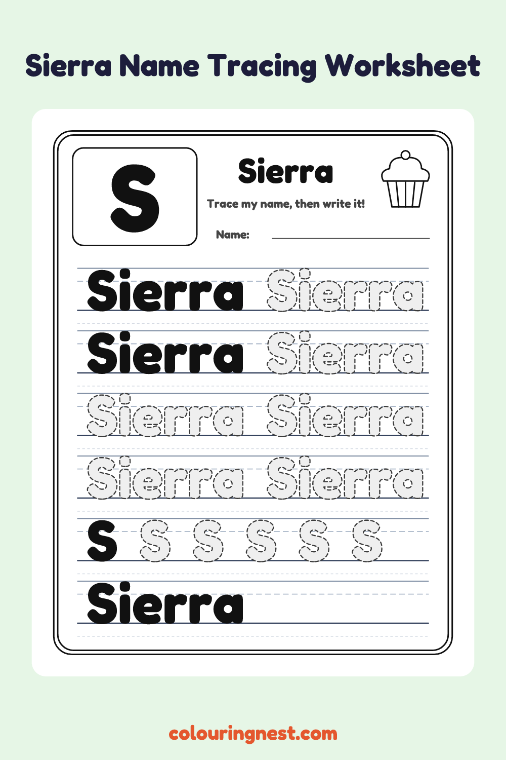 Sierra Name Tracing Worksheet: free printable black-and-white line art