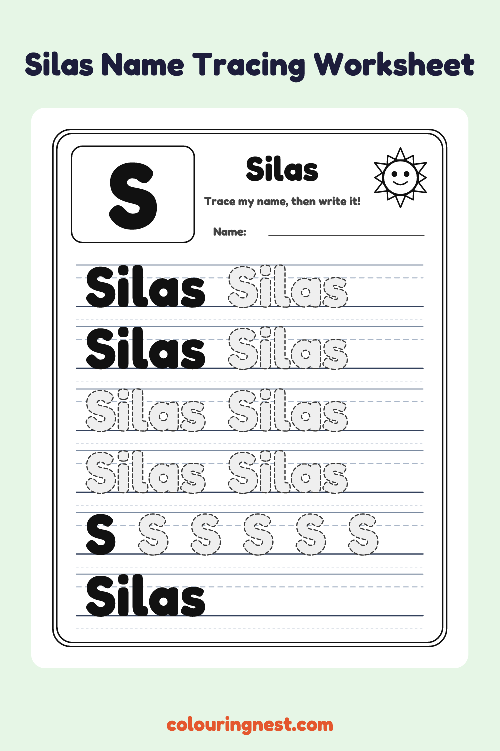 Silas Name Tracing Worksheet: free printable black-and-white line art