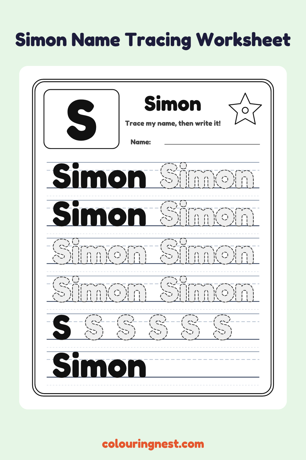 Simon Name Tracing Worksheet: free printable black-and-white line art