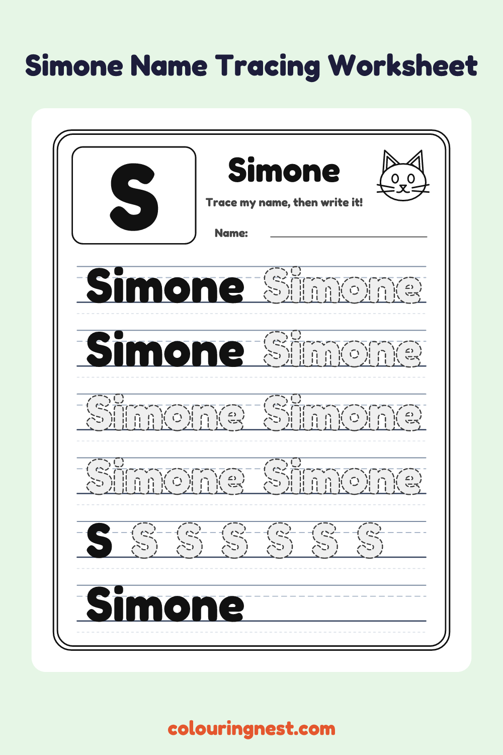 Simone Name Tracing Worksheet: free printable black-and-white line art