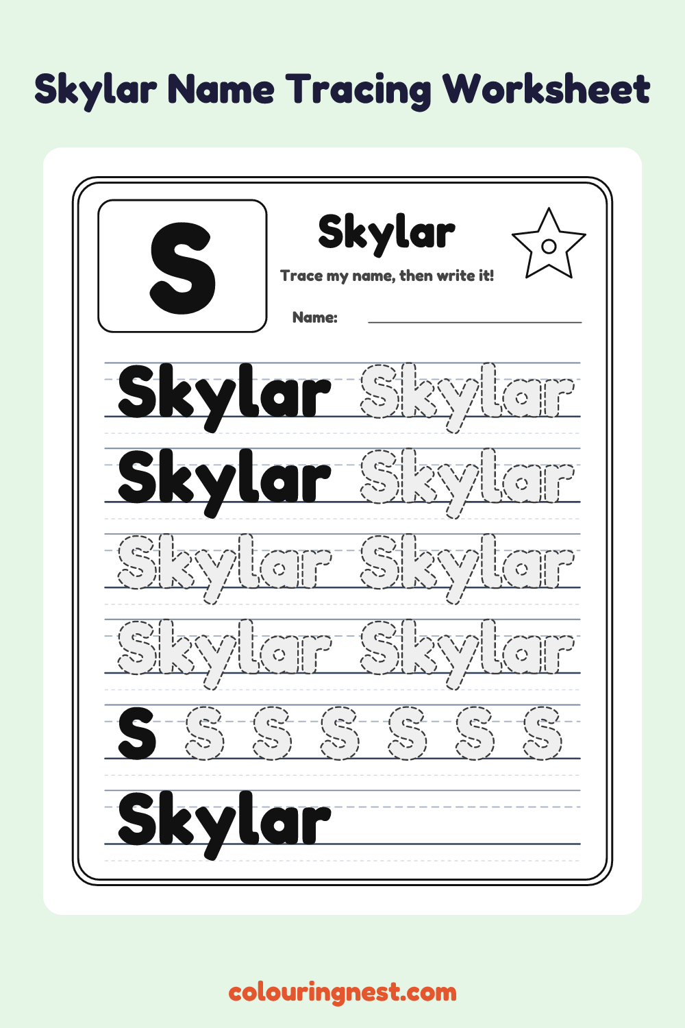 Skylar Name Tracing Worksheet: free printable black-and-white line art