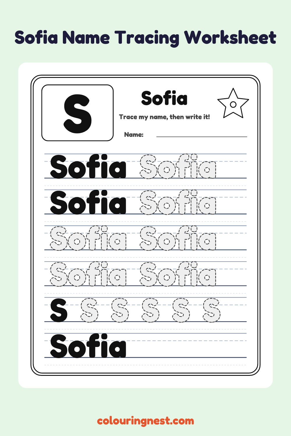 Sofia Name Tracing Worksheet: free printable black-and-white line art