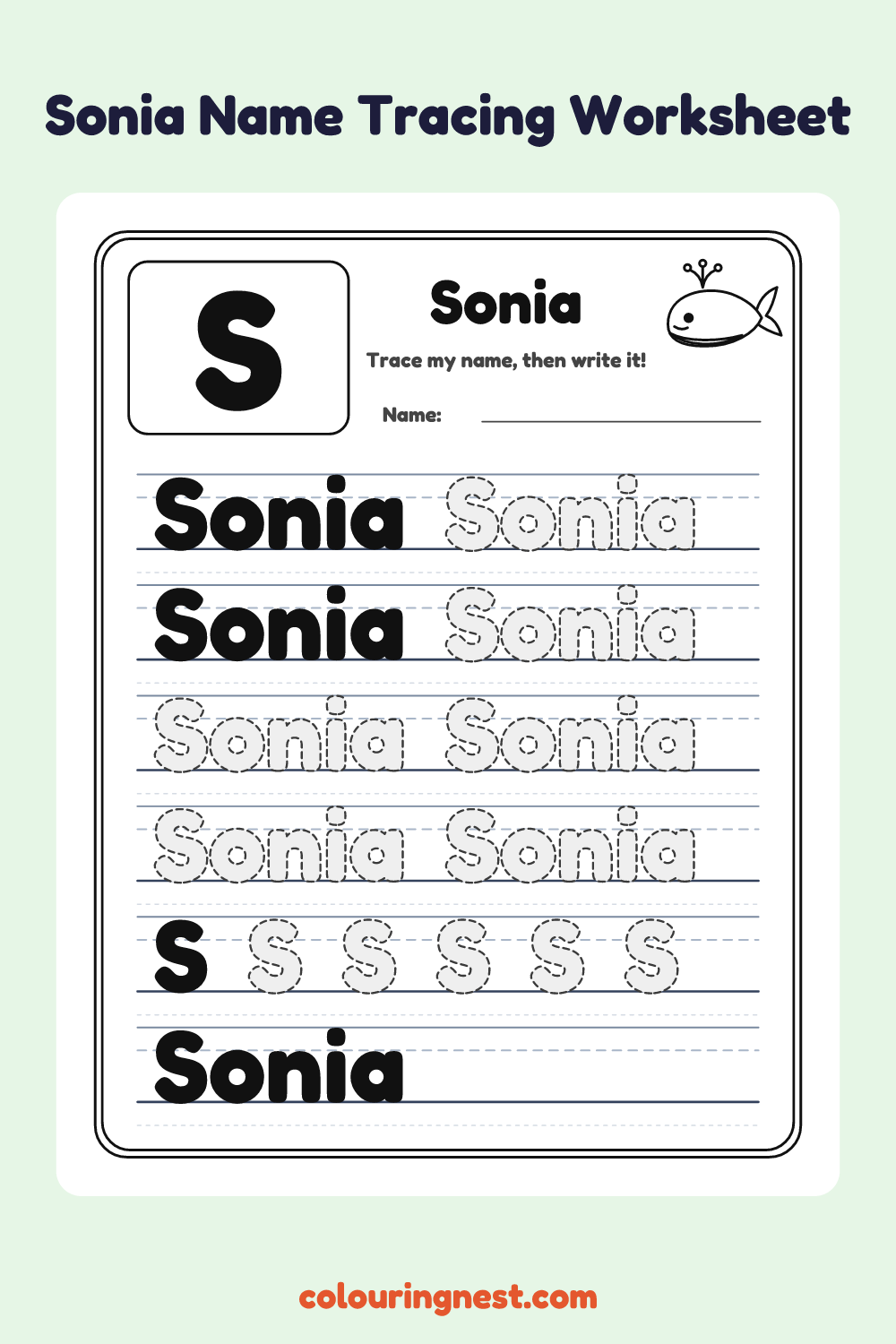 Sonia Name Tracing Worksheet: free printable black-and-white line art