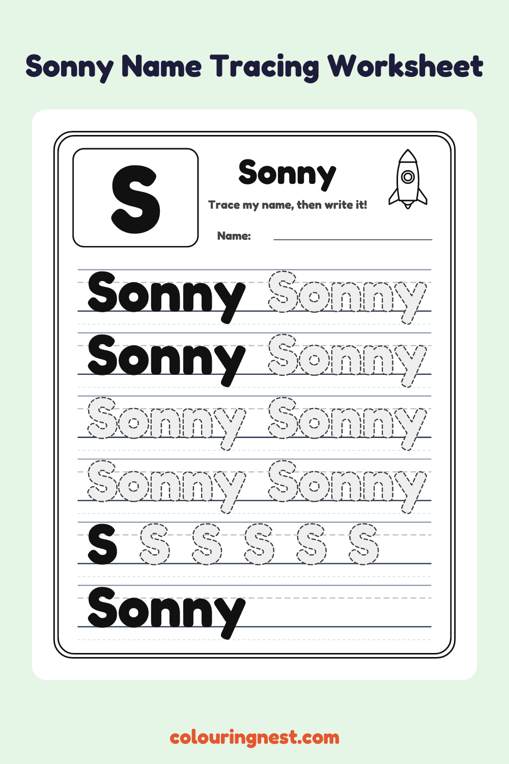 Sonny Name Tracing Worksheet: free printable black-and-white line art