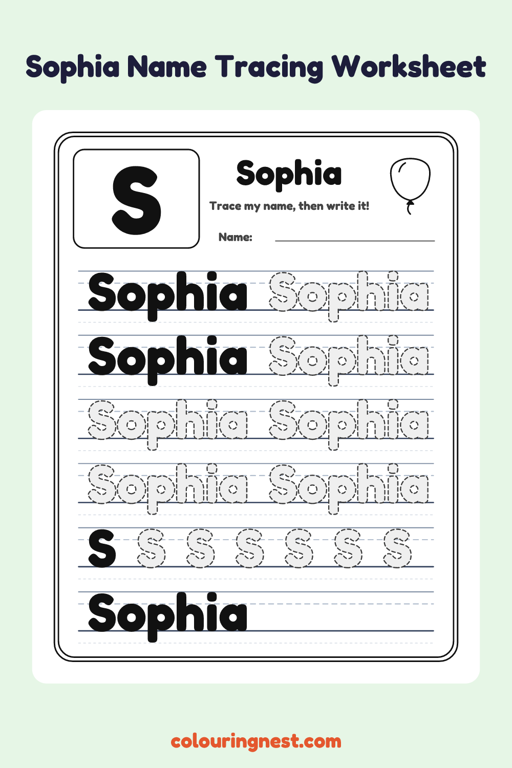 Sophia Name Tracing Worksheet: free printable black-and-white line art