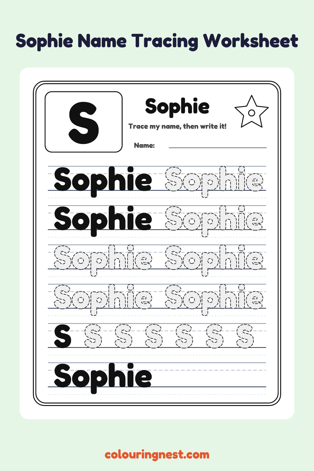 Sophie Name Tracing Worksheet: free printable black-and-white line art