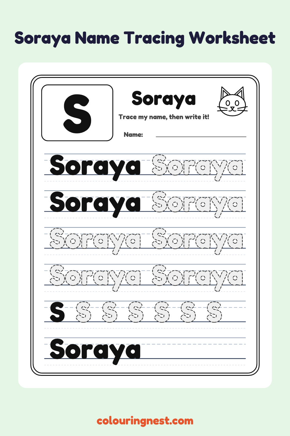Soraya Name Tracing Worksheet: free printable black-and-white line art