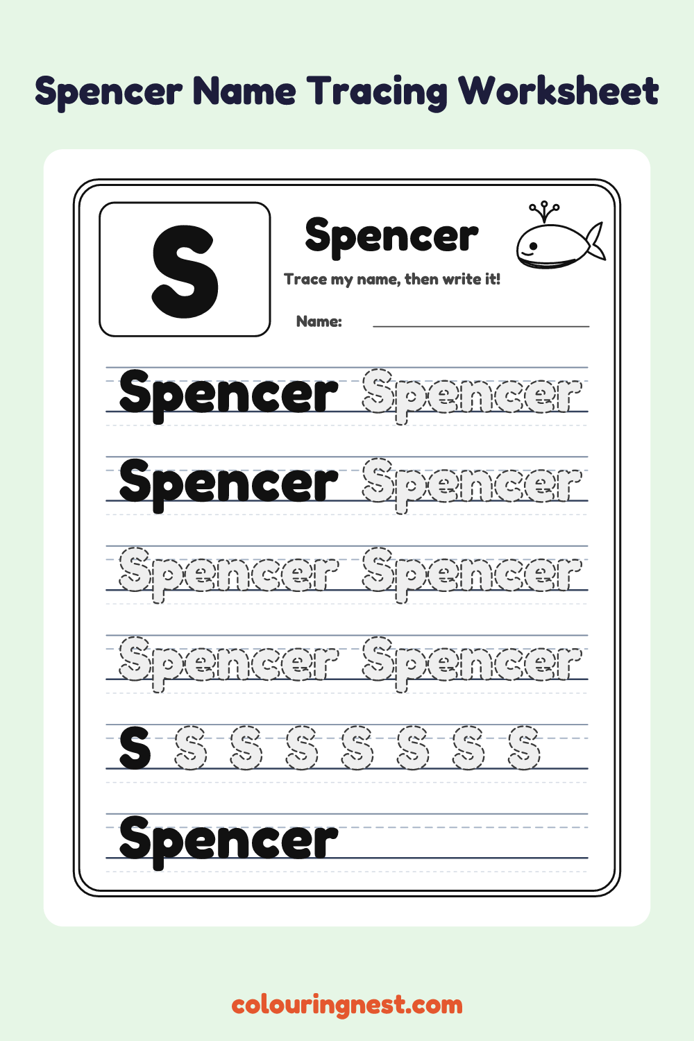 Spencer Name Tracing Worksheet: free printable black-and-white line art