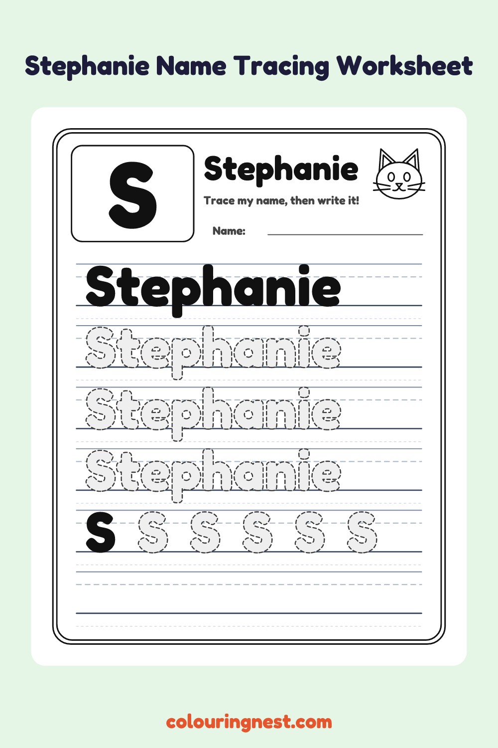 Stephanie Name Tracing Worksheet: free printable black-and-white line art