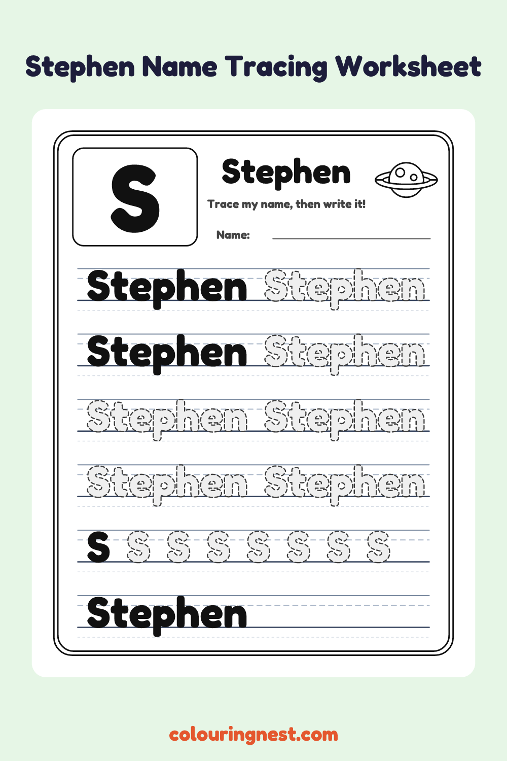 Stephen Name Tracing Worksheet: free printable black-and-white line art