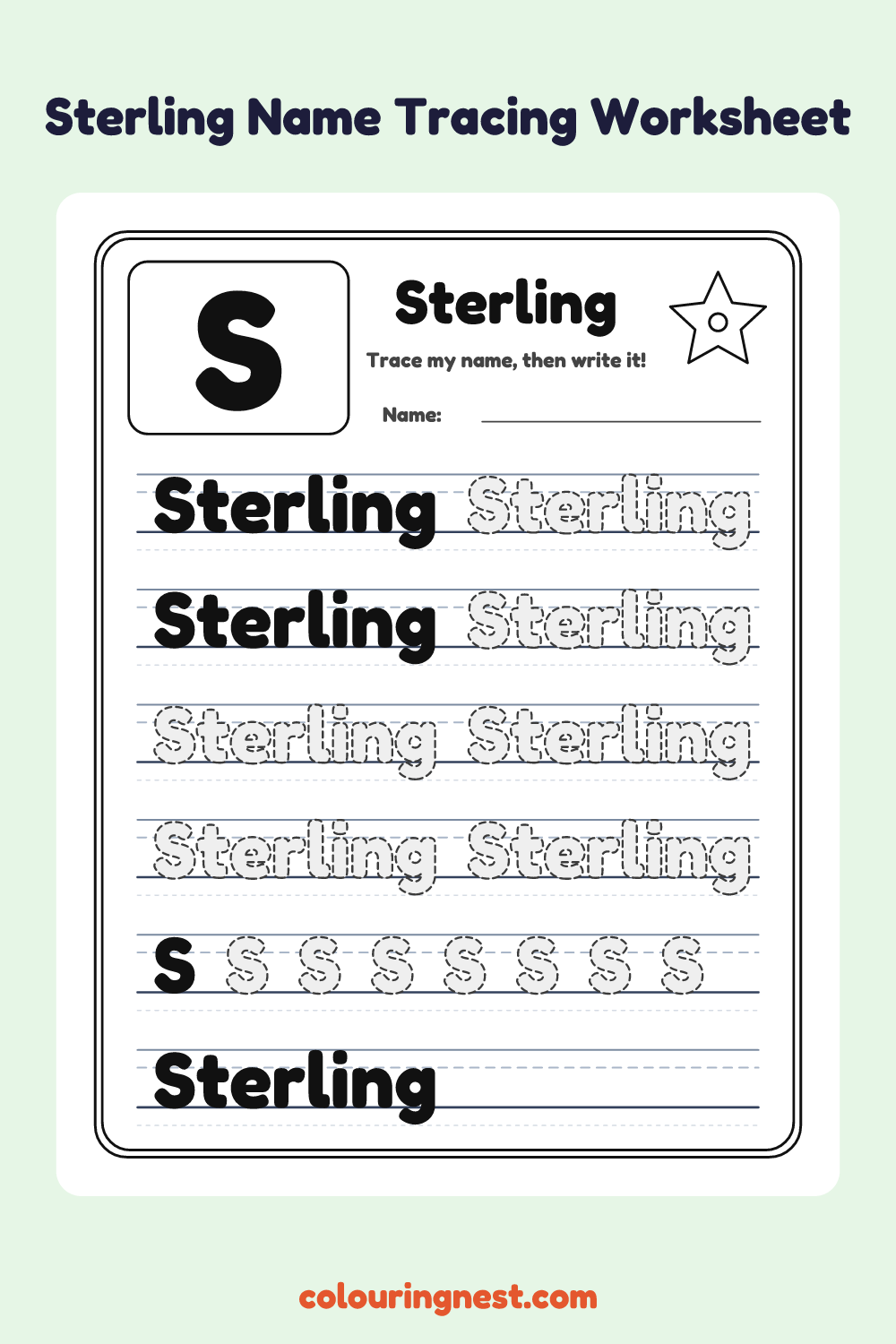 Sterling Name Tracing Worksheet: free printable black-and-white line art