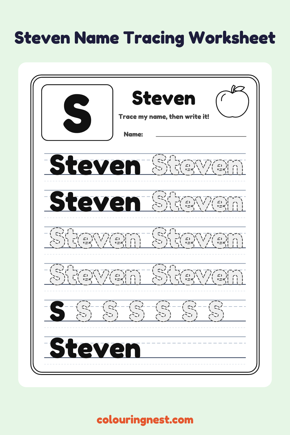 Steven Name Tracing Worksheet: free printable black-and-white line art