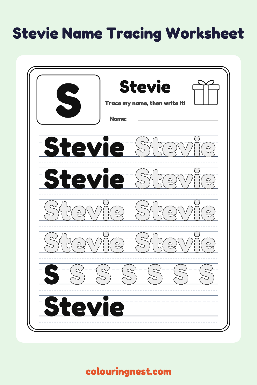 Stevie Name Tracing Worksheet: free printable black-and-white line art