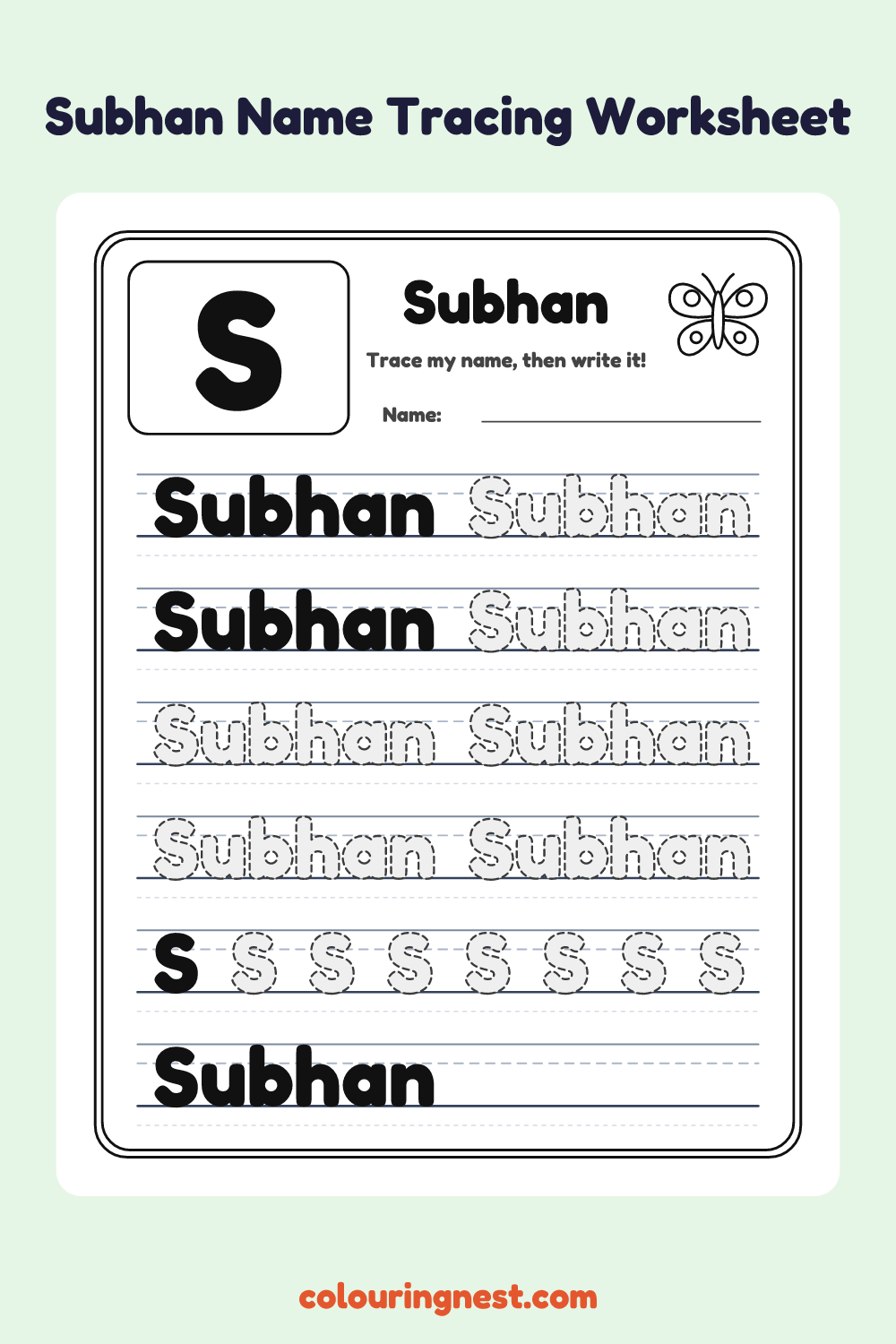 Subhan Name Tracing Worksheet: free printable black-and-white line art