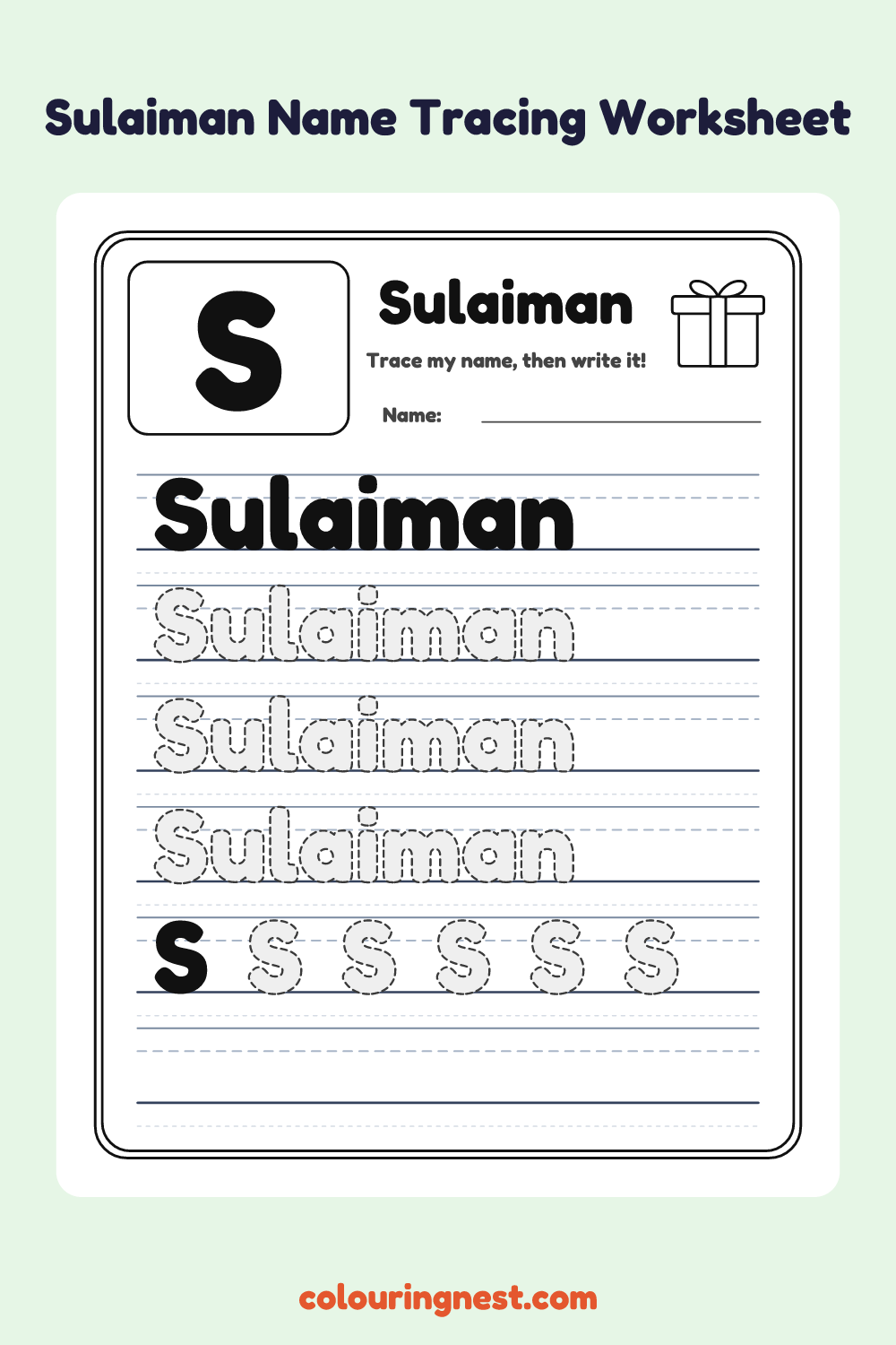 Sulaiman Name Tracing Worksheet: free printable black-and-white line art