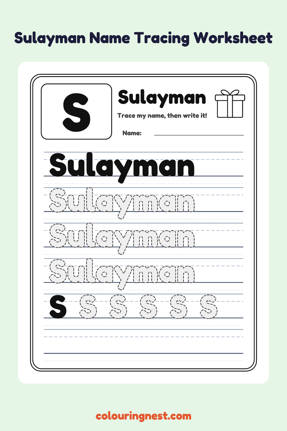 Sulayman Name Tracing Worksheet: free printable black-and-white line art