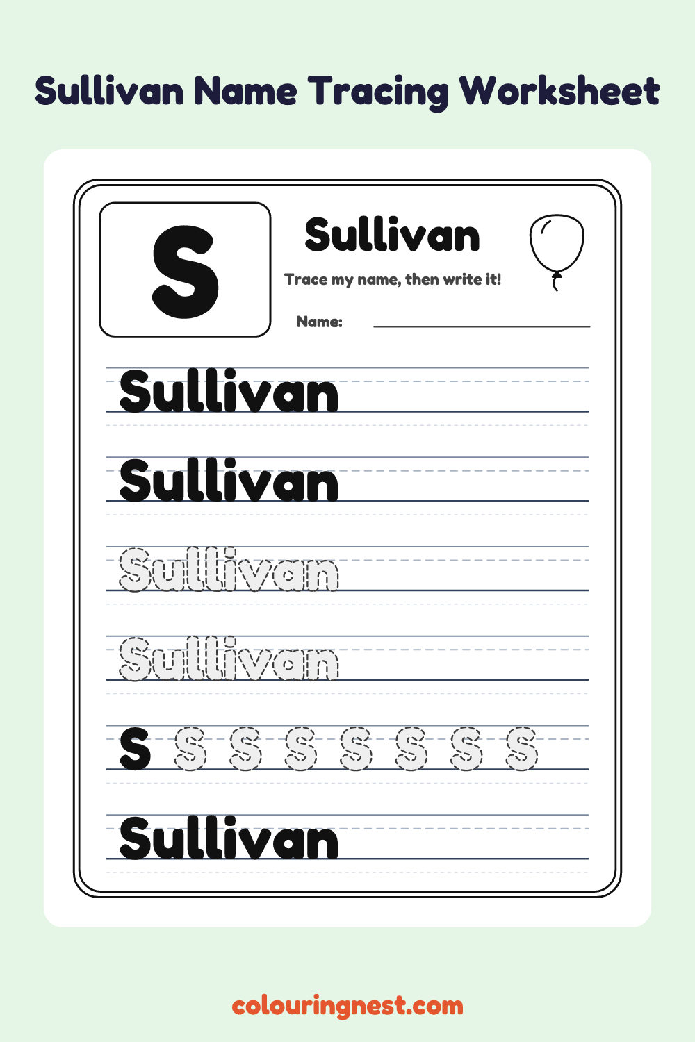Sullivan Name Tracing Worksheet: free printable black-and-white line art