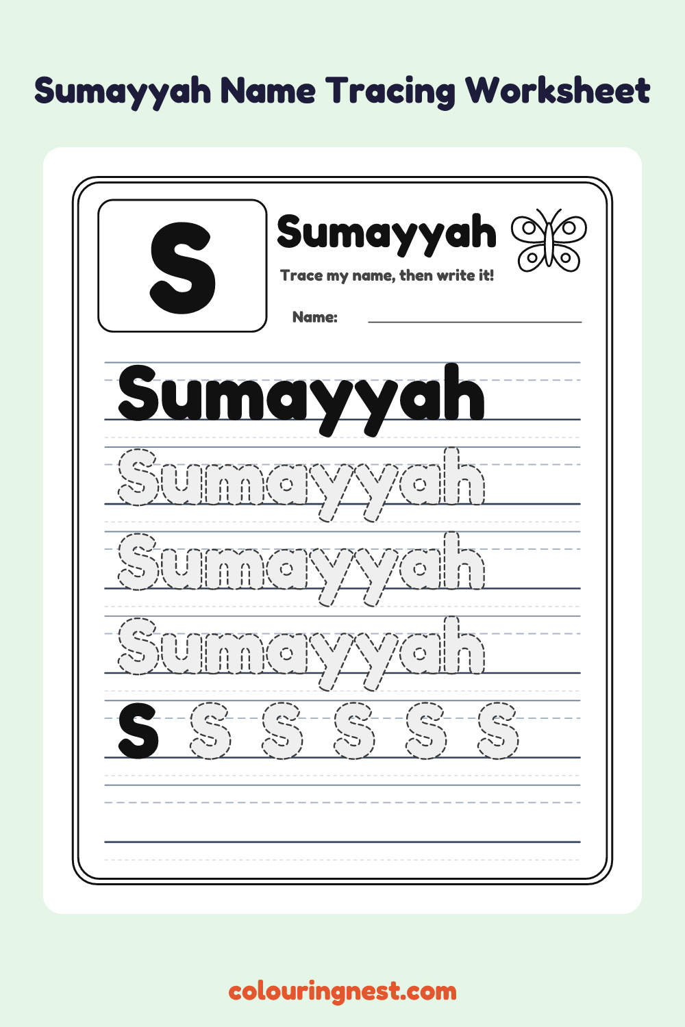 Sumayyah Name Tracing Worksheet: free printable black-and-white line art