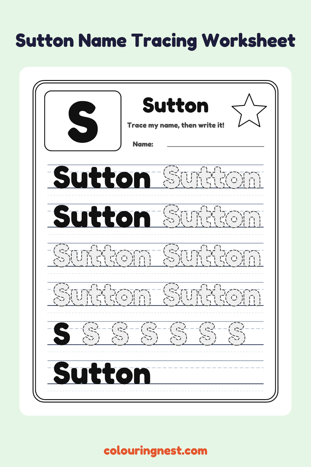 Sutton Name Tracing Worksheet: free printable black-and-white line art