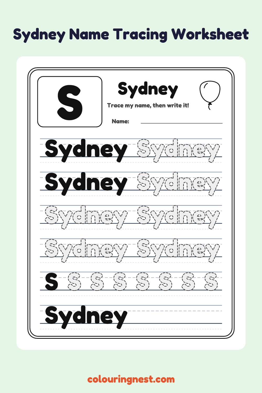 Sydney Name Tracing Worksheet: free printable black-and-white line art