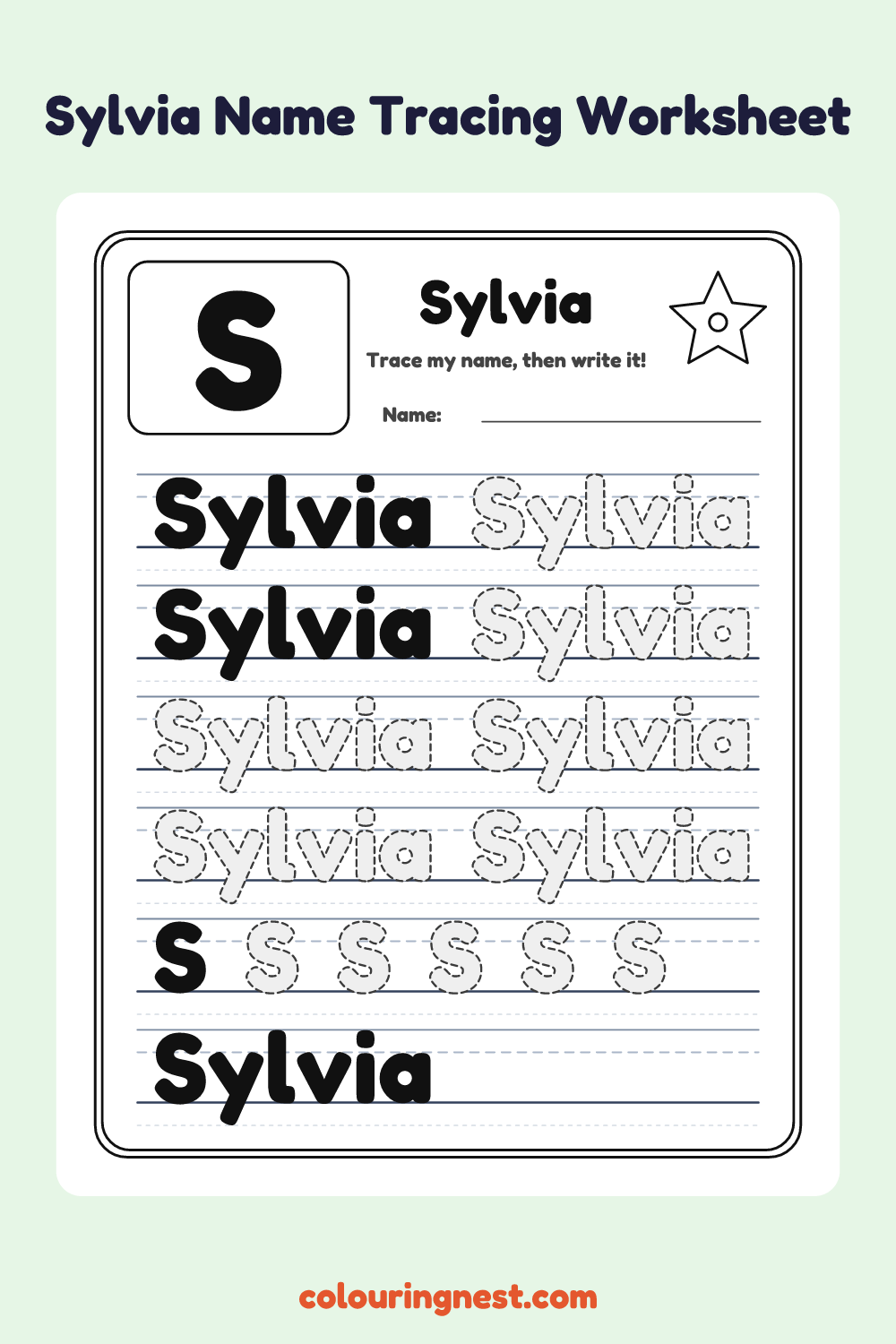 Sylvia Name Tracing Worksheet: free printable black-and-white line art