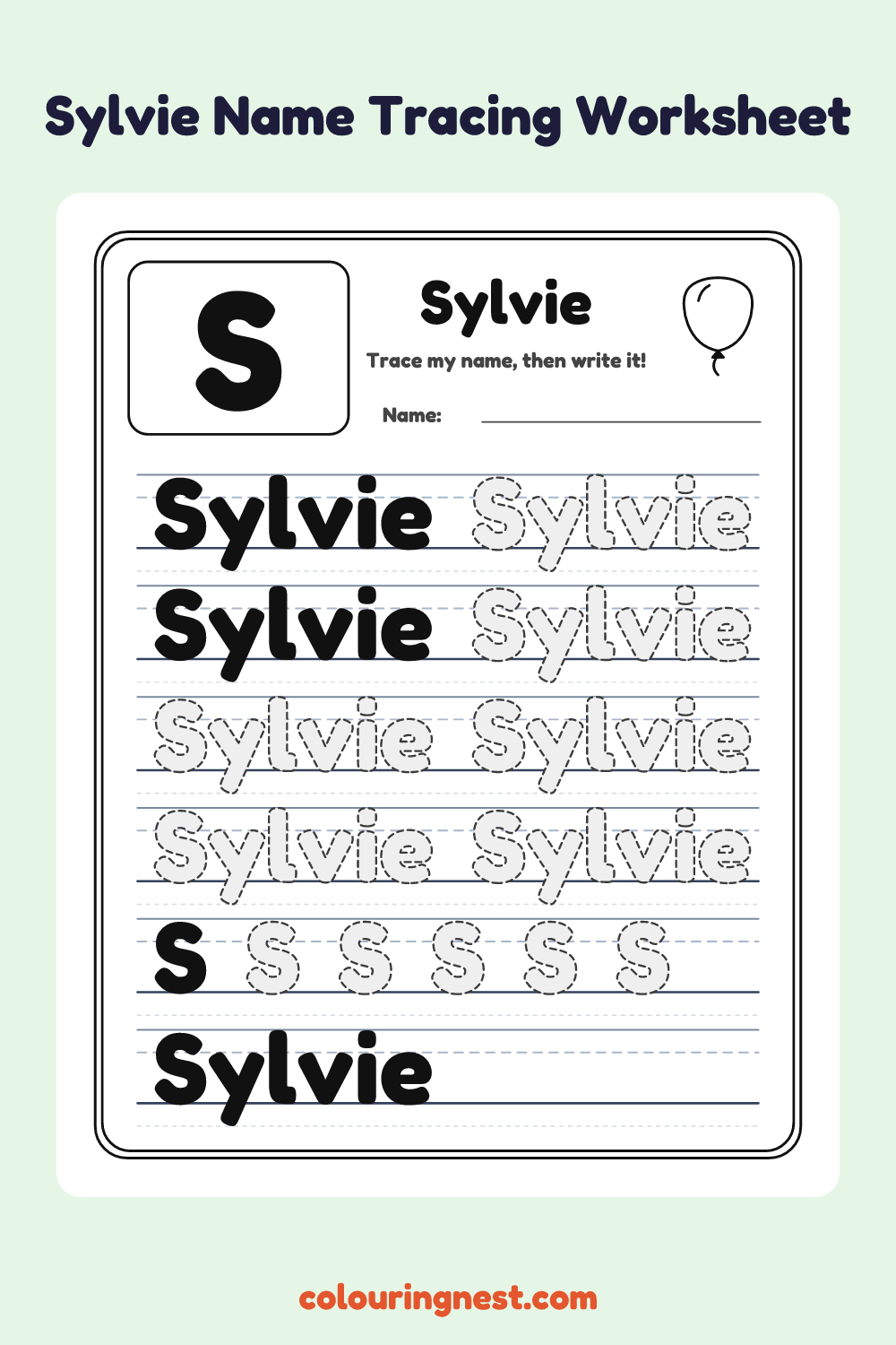 Sylvie Name Tracing Worksheet: free printable black-and-white line art