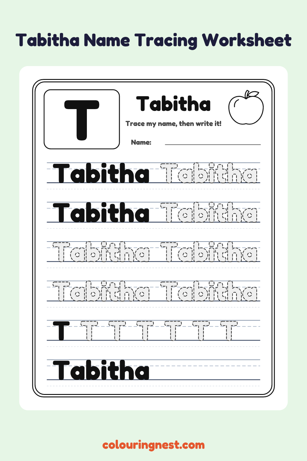 Tabitha Name Tracing Worksheet: free printable black-and-white line art