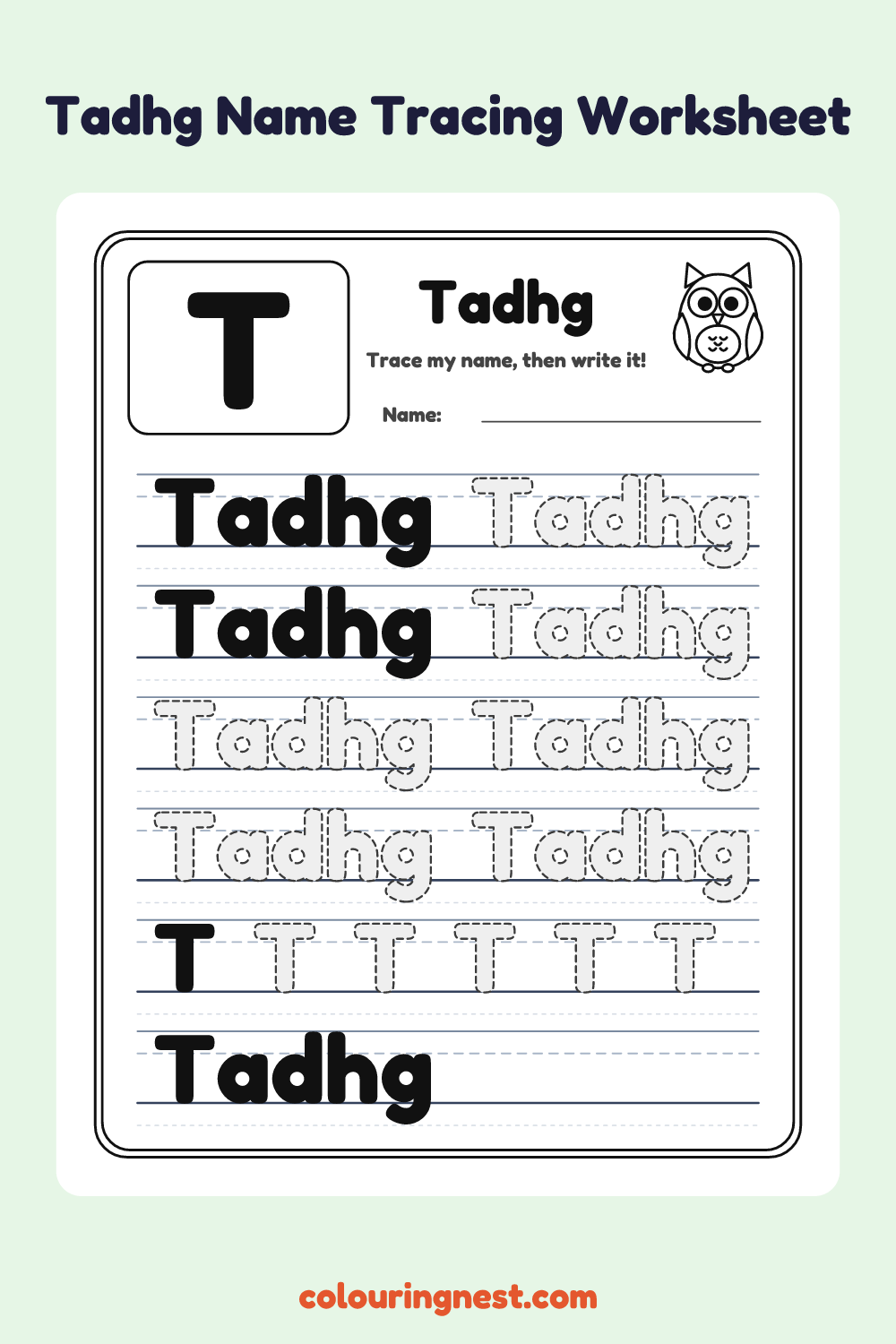 Tadhg Name Tracing Worksheet: free printable black-and-white line art