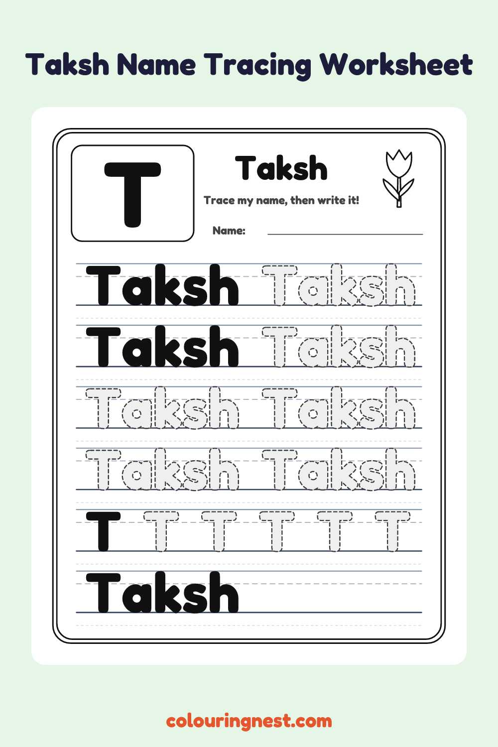 Taksh Name Tracing Worksheet: free printable black-and-white line art