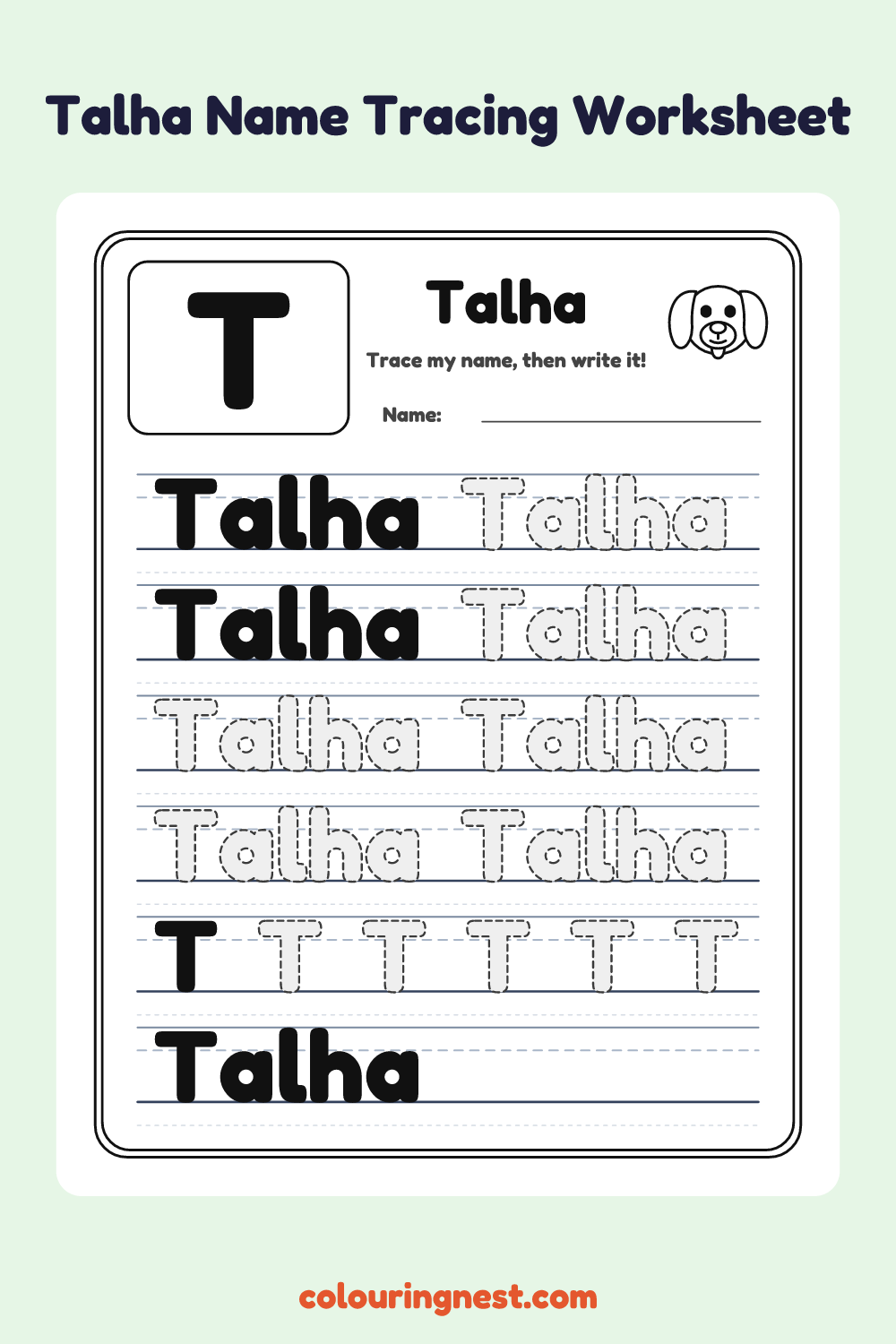 Talha Name Tracing Worksheet: free printable black-and-white line art