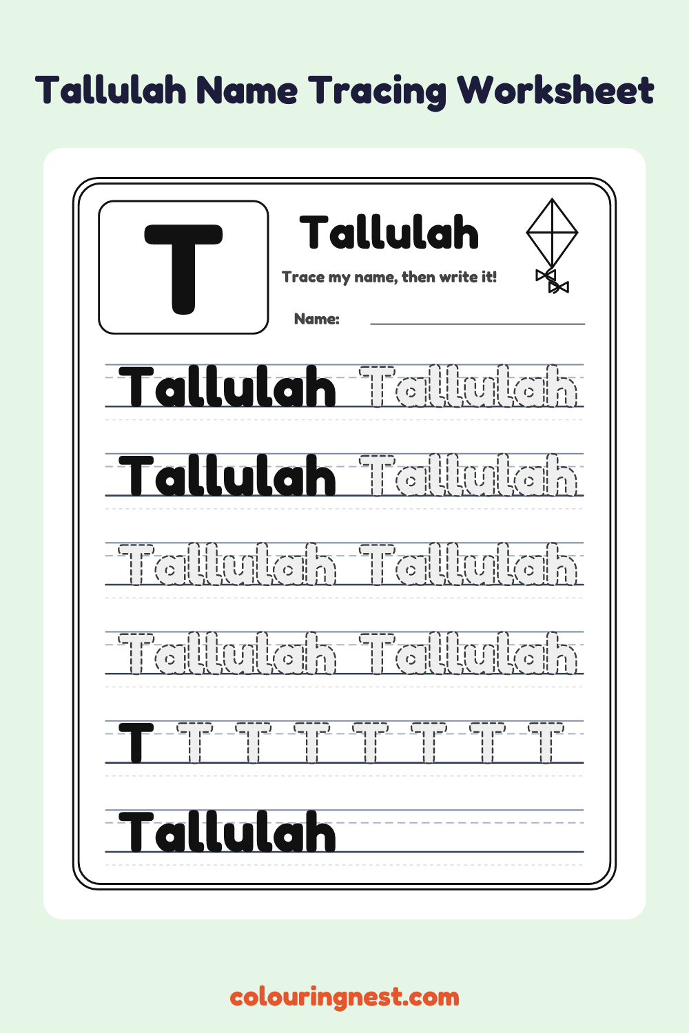 Tallulah Name Tracing Worksheet: free printable black-and-white line art