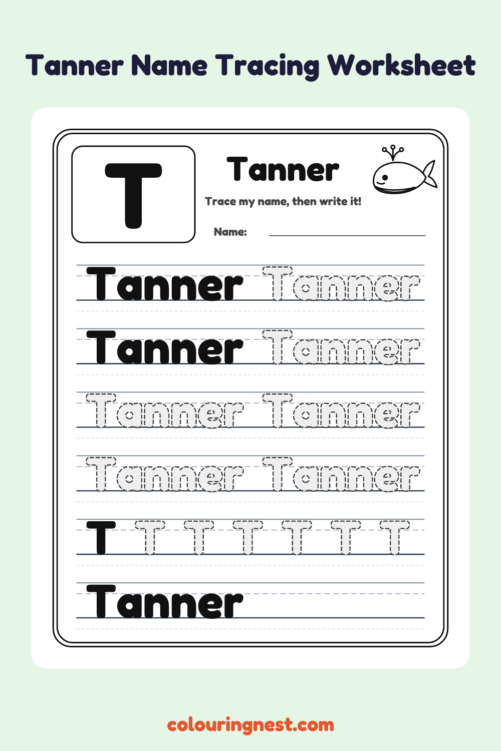 Tanner Name Tracing Worksheet: free printable black-and-white line art