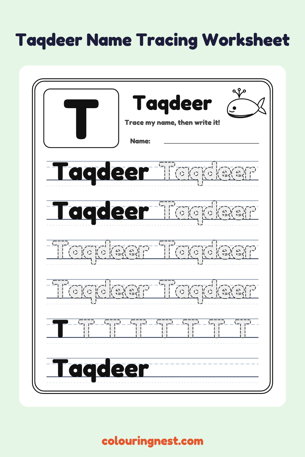 Taqdeer Name Tracing Worksheet: free printable black-and-white line art