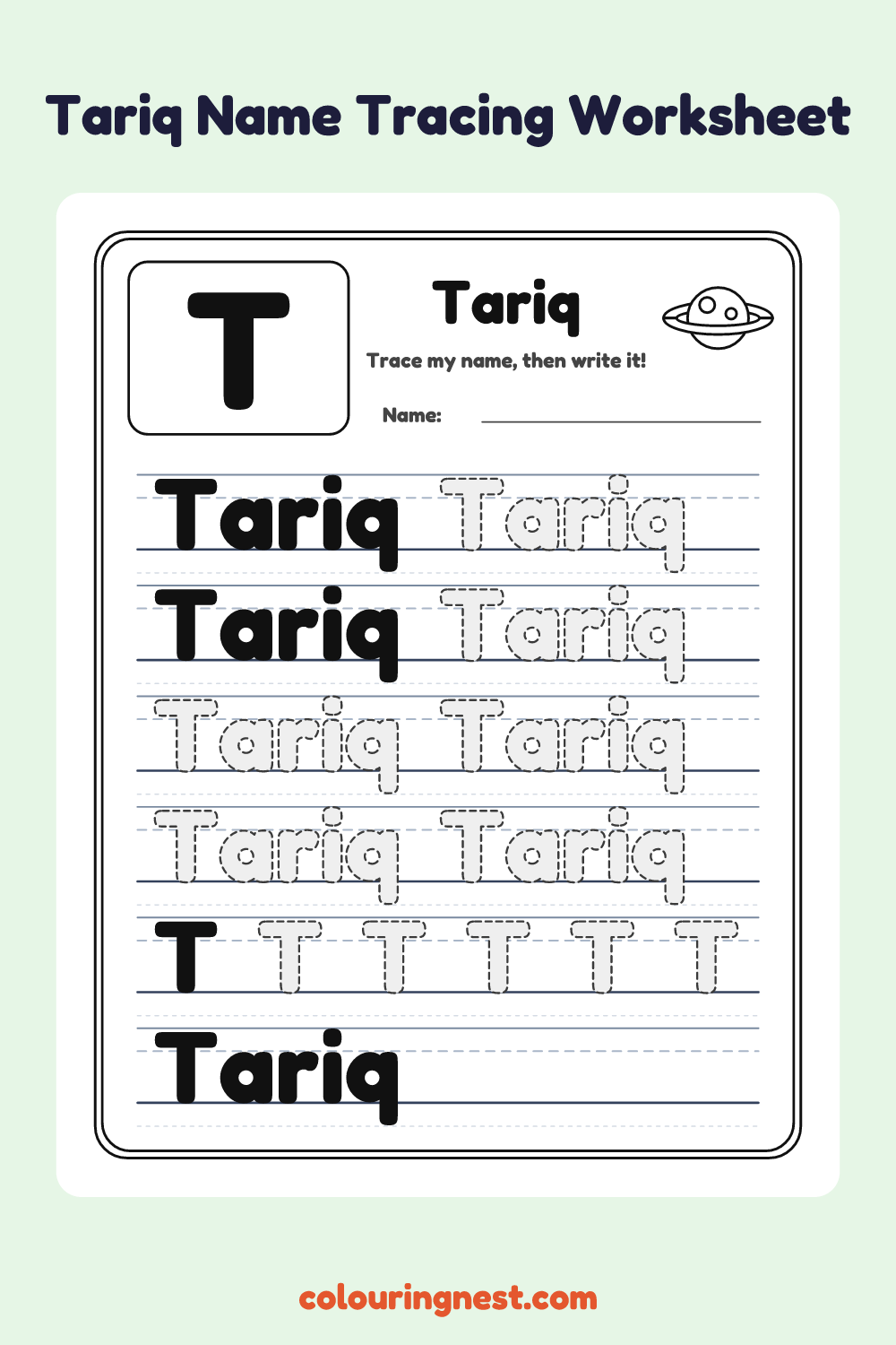 Tariq Name Tracing Worksheet: free printable black-and-white line art