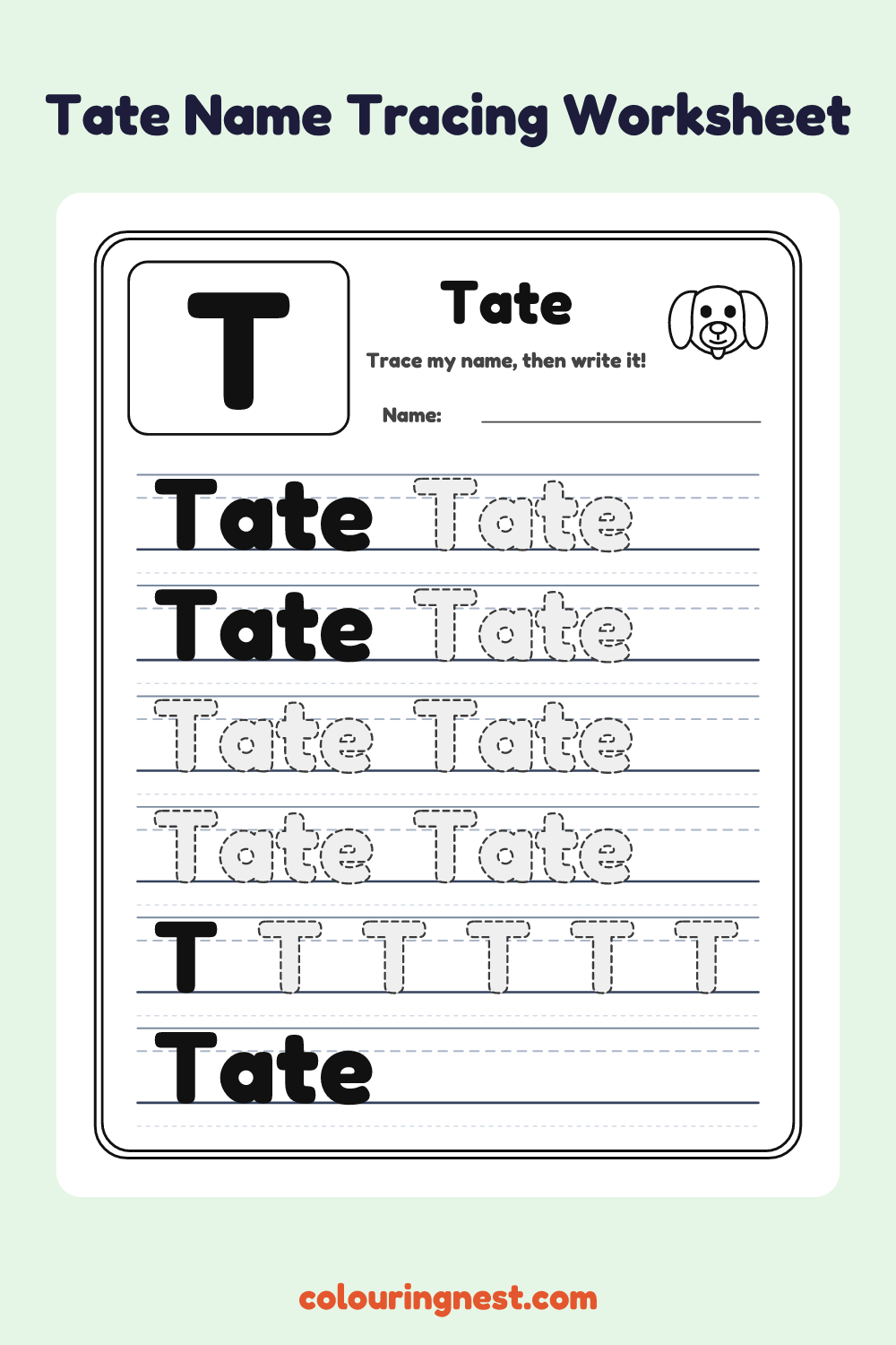 Tate Name Tracing Worksheet: free printable black-and-white line art