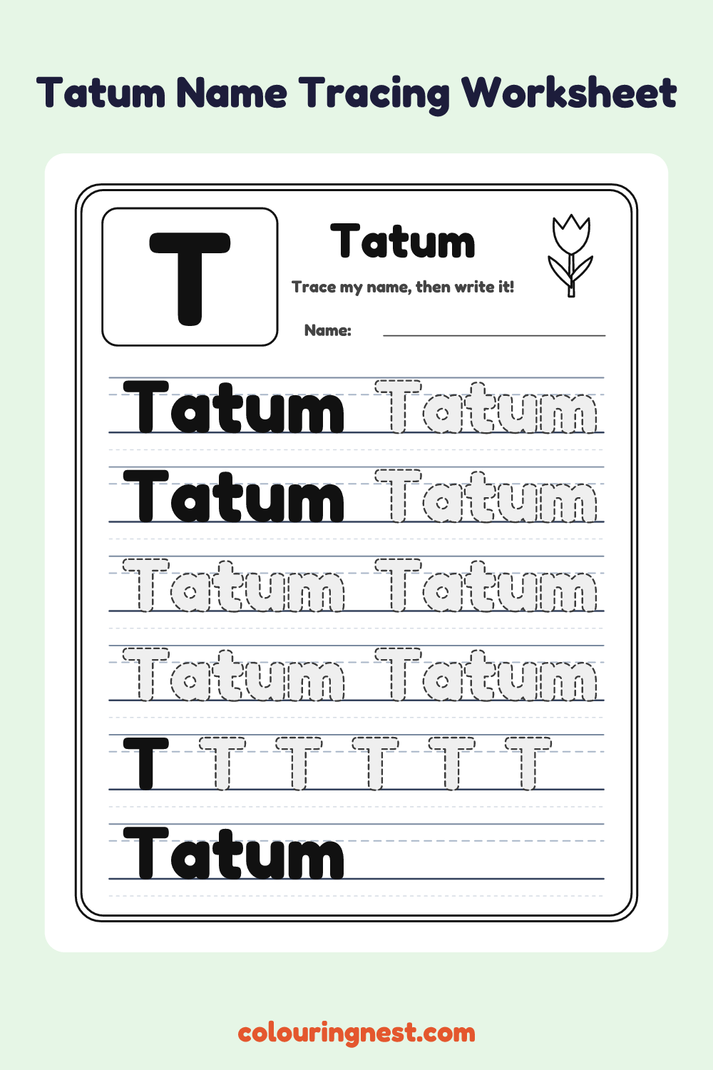 Tatum Name Tracing Worksheet: free printable black-and-white line art