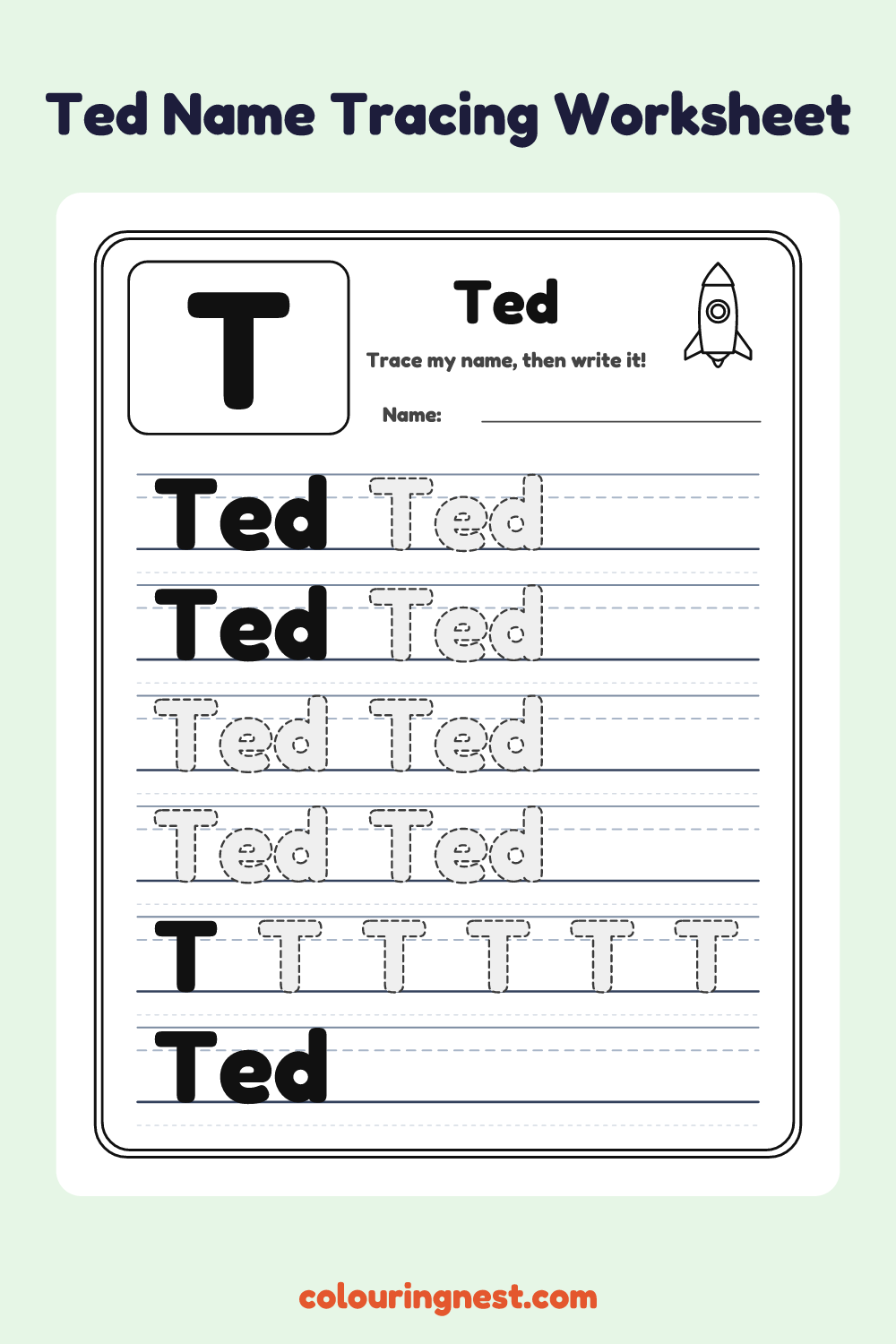 Ted Name Tracing Worksheet: free printable black-and-white line art
