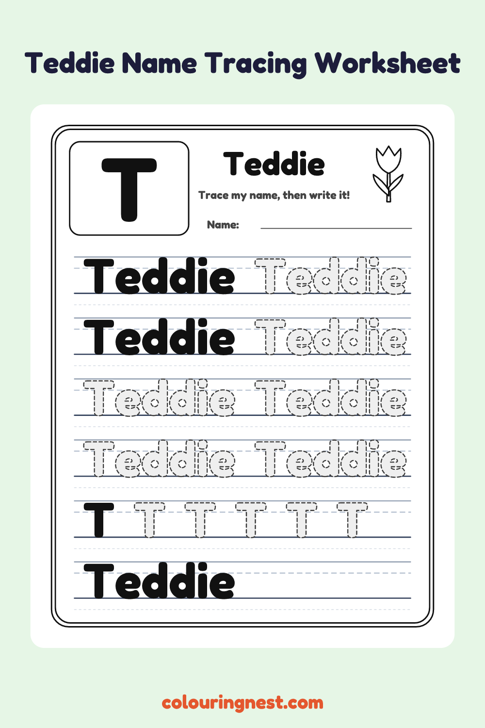 Teddie Name Tracing Worksheet: free printable black-and-white line art