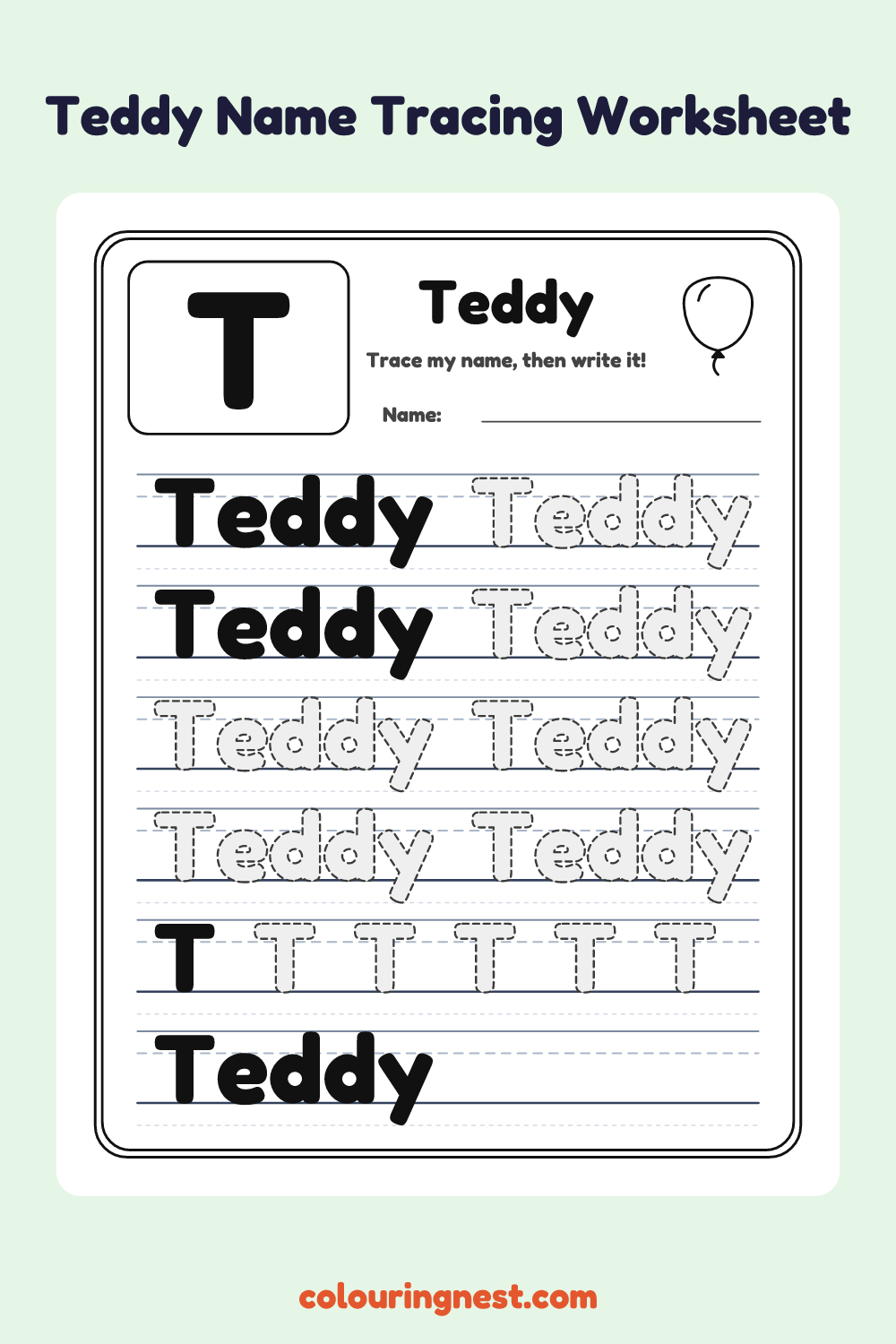 Teddy Name Tracing Worksheet: free printable black-and-white line art