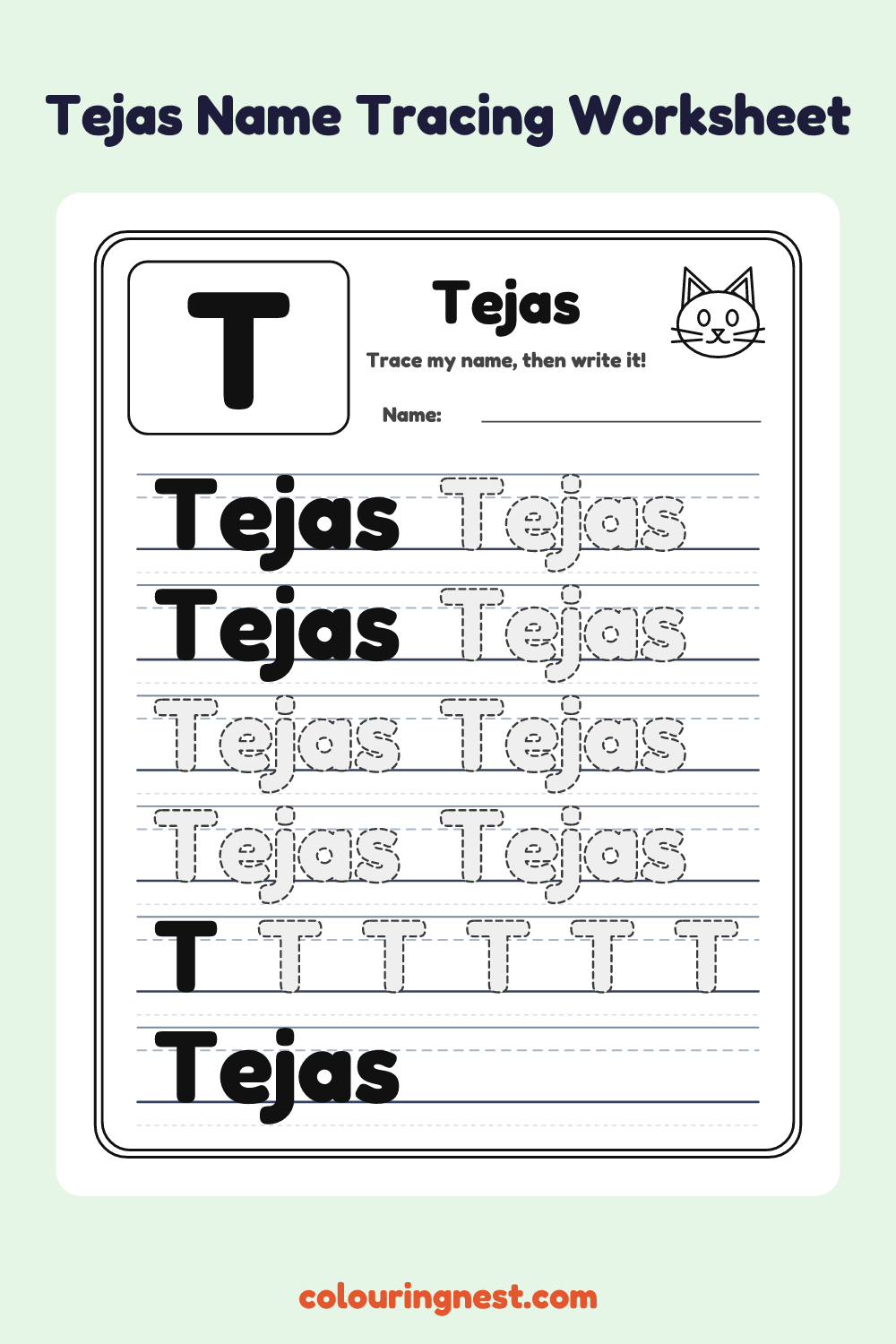 Tejas Name Tracing Worksheet: free printable black-and-white line art