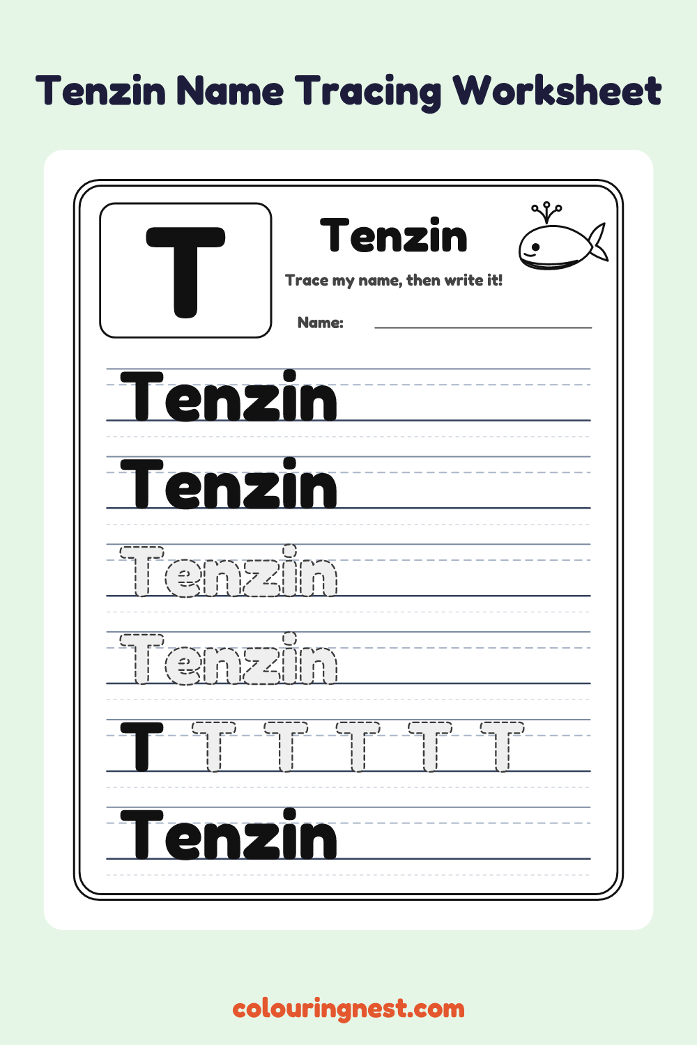 Tenzin Name Tracing Worksheet: free printable black-and-white line art