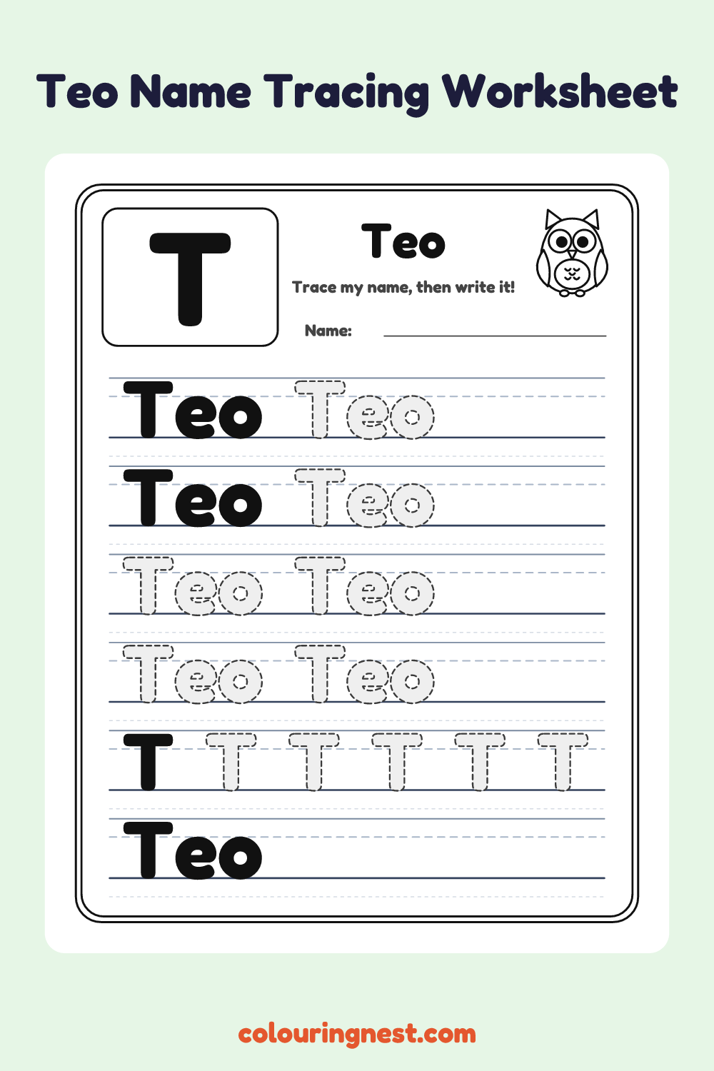 Teo Name Tracing Worksheet: free printable black-and-white line art