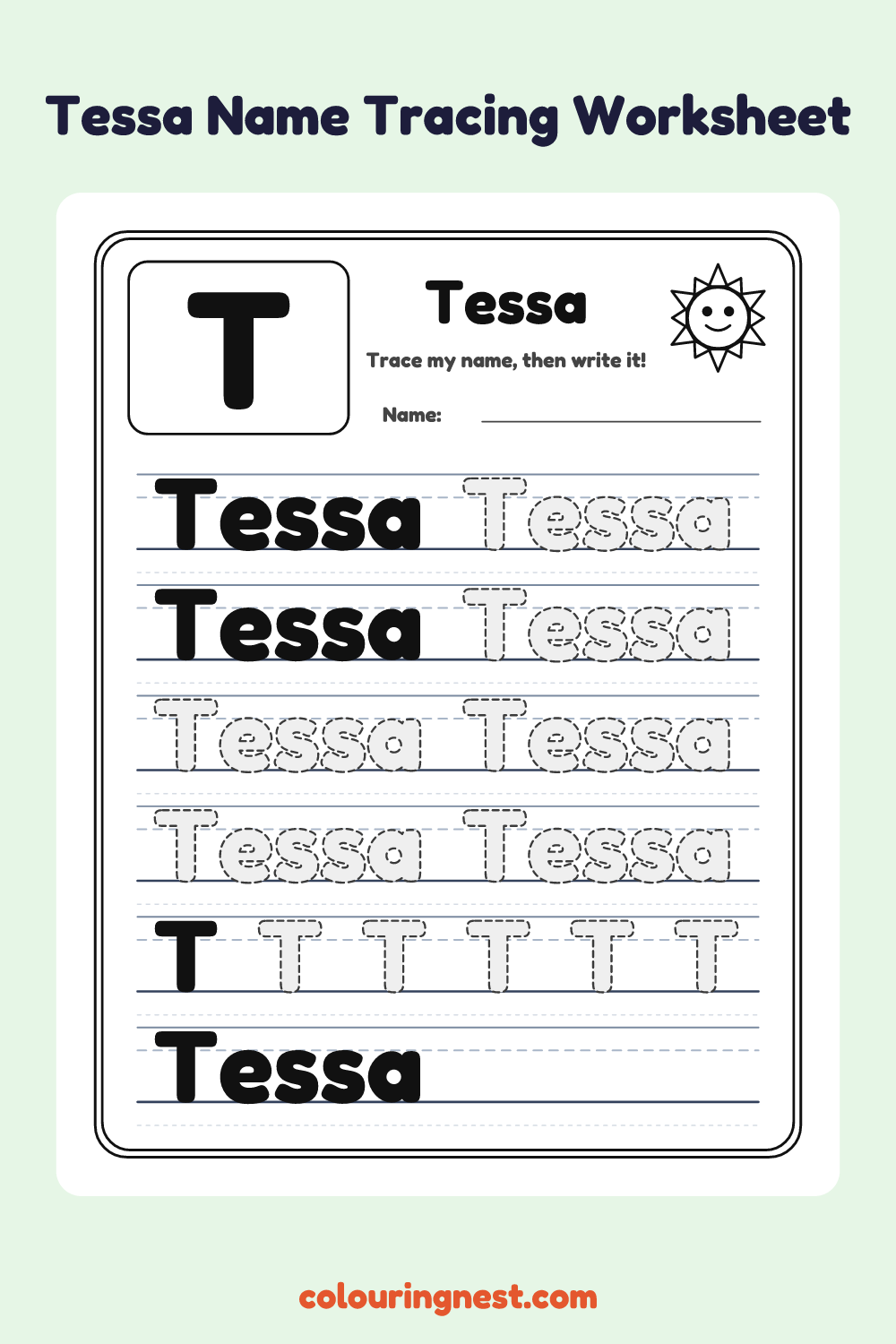 Tessa Name Tracing Worksheet: free printable black-and-white line art